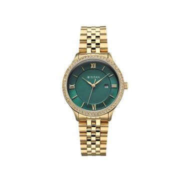 Titan Purple Prestige Quartz Analog with Date Green Dial Golden Stainless Steel Strap Women's Watch (95247YM01)